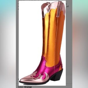 YIYA Women's Multicolor Metallic Pink and Orange Cowgirl Cowboy Knee High Boots